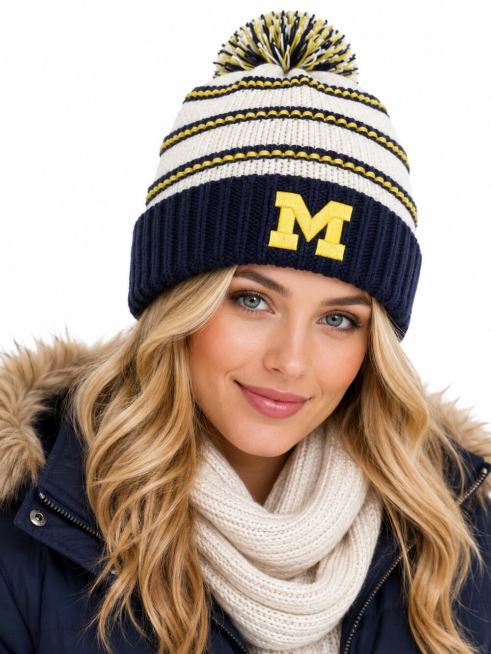 Michigan Wolverines Womens Hat Fan Favorite Striped Pom Maize Blue